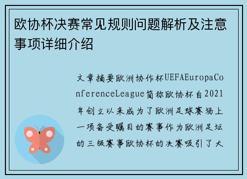 欧协杯决赛常见规则问题解析及注意事项详细介绍