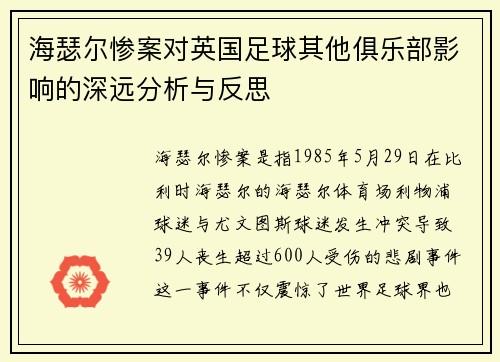 海瑟尔惨案对英国足球其他俱乐部影响的深远分析与反思